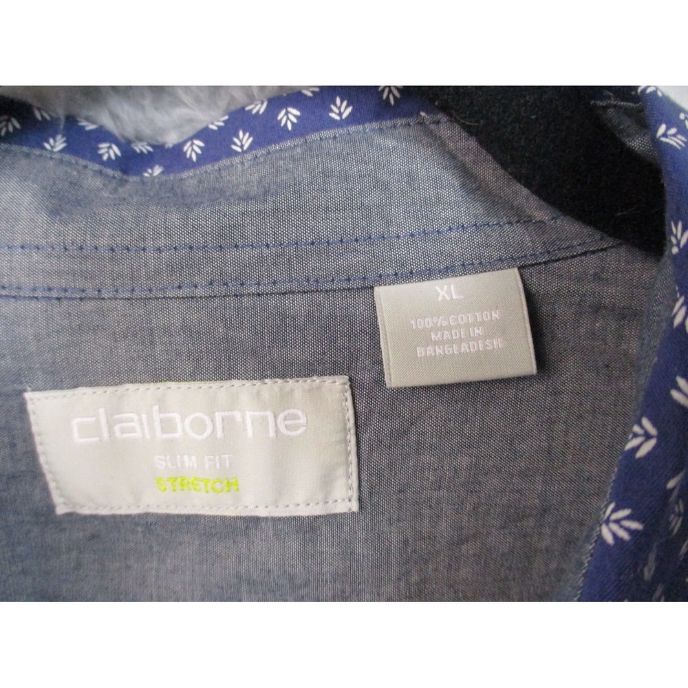 Claiborne Men's XL Slim Fit Button Up Shirt Navy White Print Short Sleeve Cotton - Picture 6 of 7